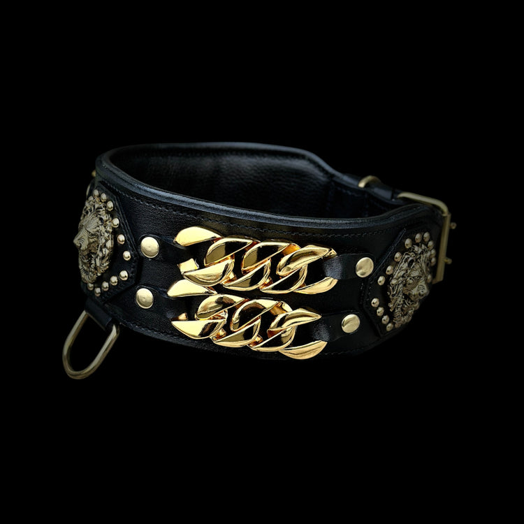 Handcrafted Black Leather Dog Collar – Lion Head Design with Gold Chains, Wide Strong Collar for Cane Corso, Rottweiler, Doberman, Kangal, American Bully - A&C Dog Collars