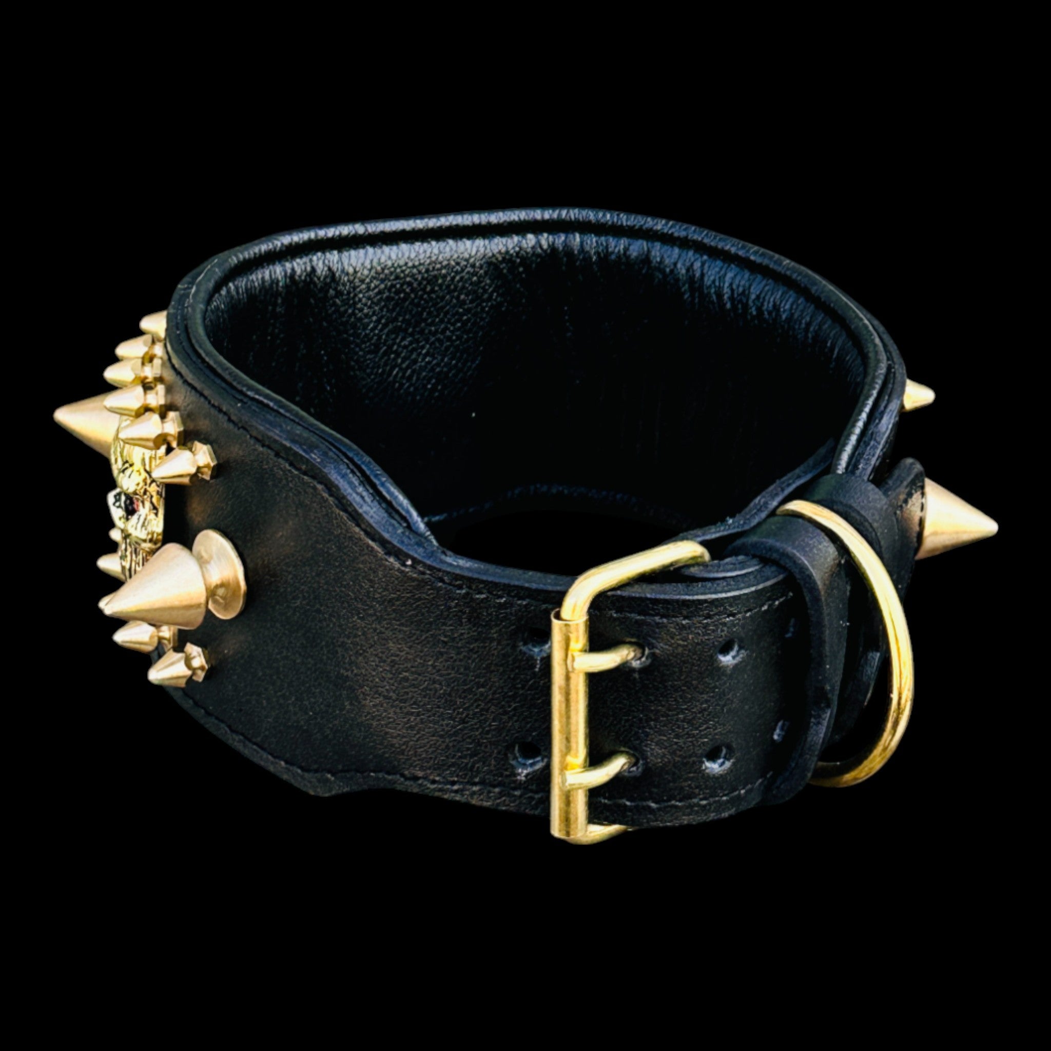 Heavy-duty buffalo leather collar in black and gold design