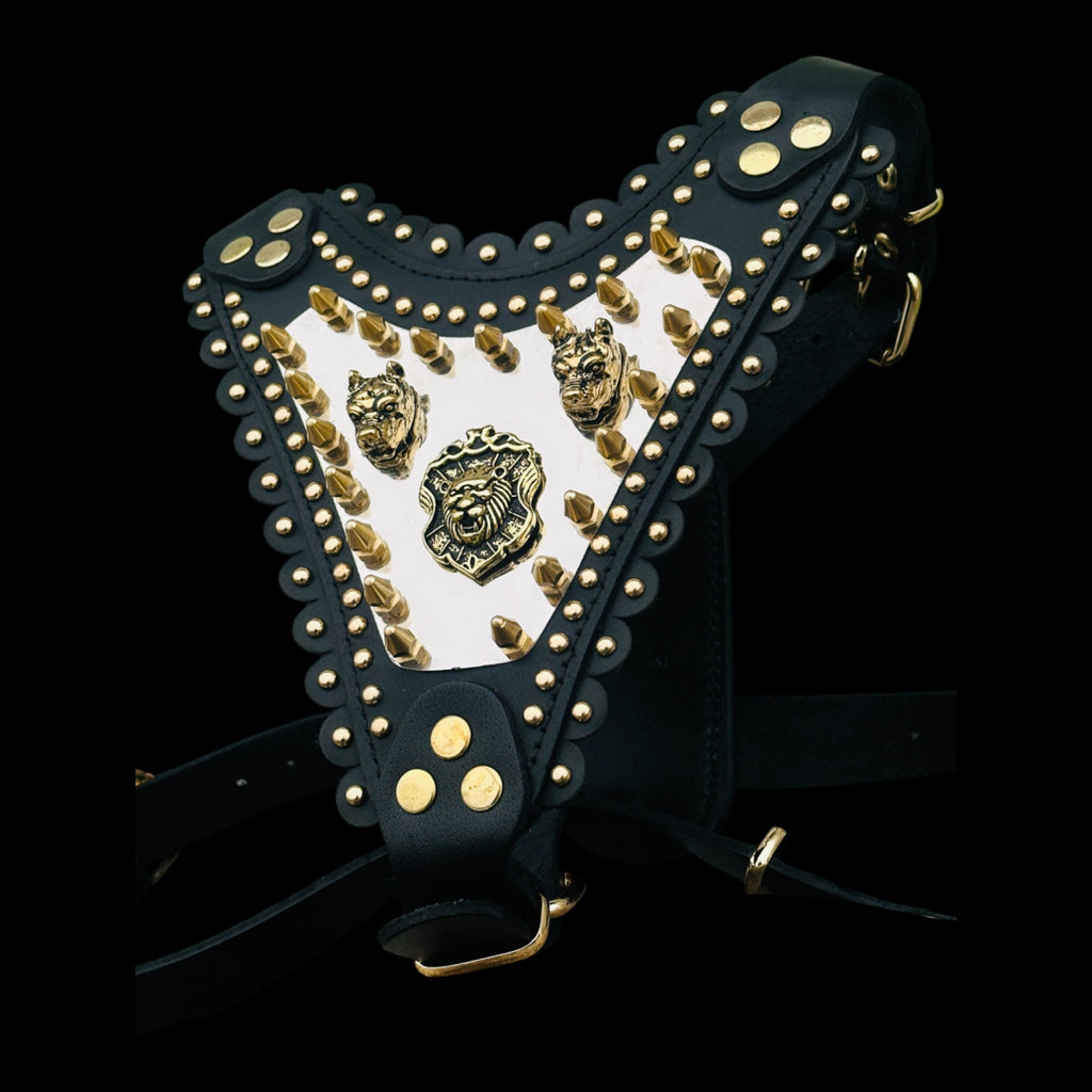 Luxury Handmade Dog Harness with Bully Head & Lion Logo – Black Leather, Gold Spikes, Heavy Duty for Large Breeds