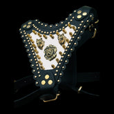 Luxury Handmade Dog Harness with Bully Head & Lion Logo – Black Leather, Gold Spikes, Heavy Duty for Large Breeds - A&C Dog Collars