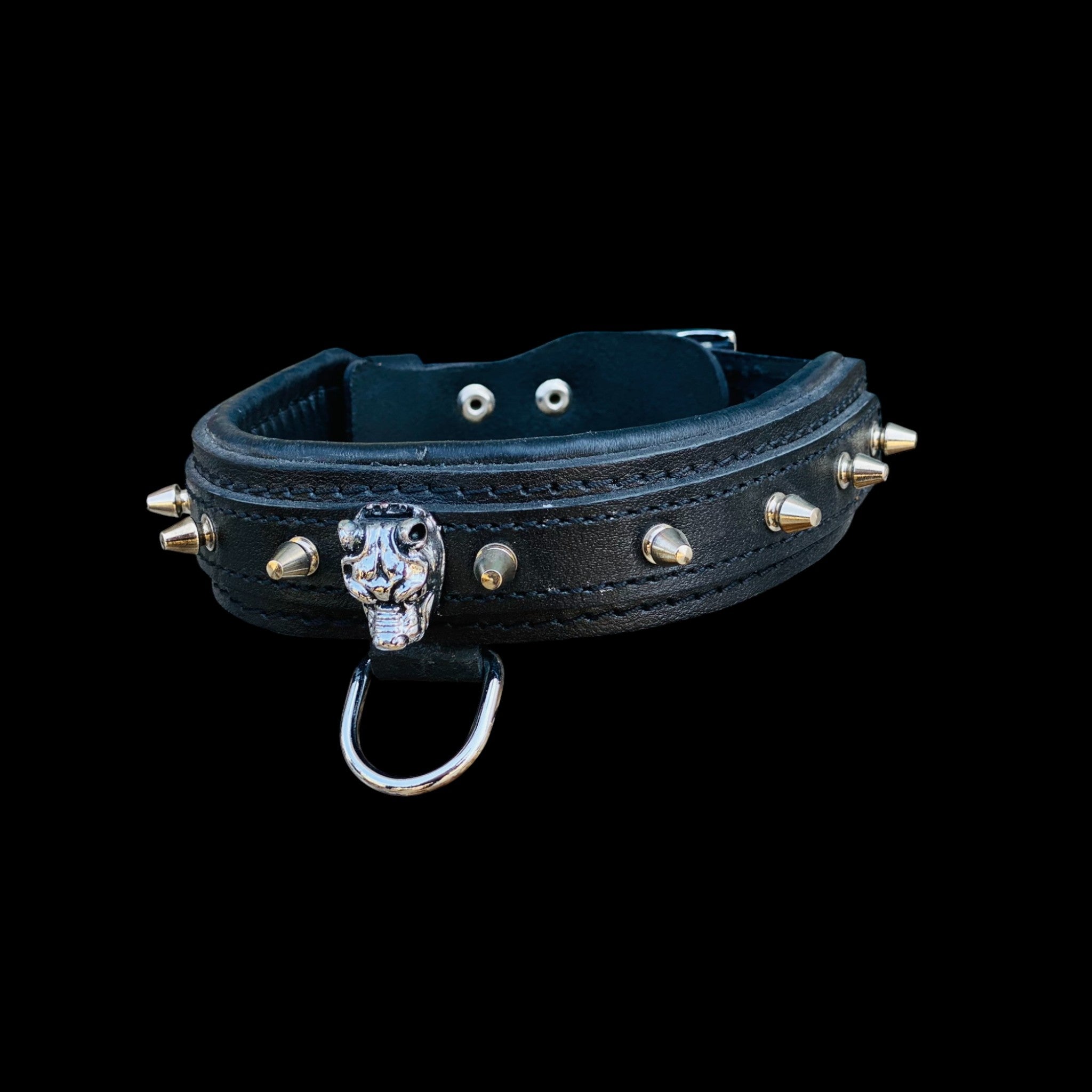 Back view of handmade black leather spiked collar with Bully head and reinforced stitching