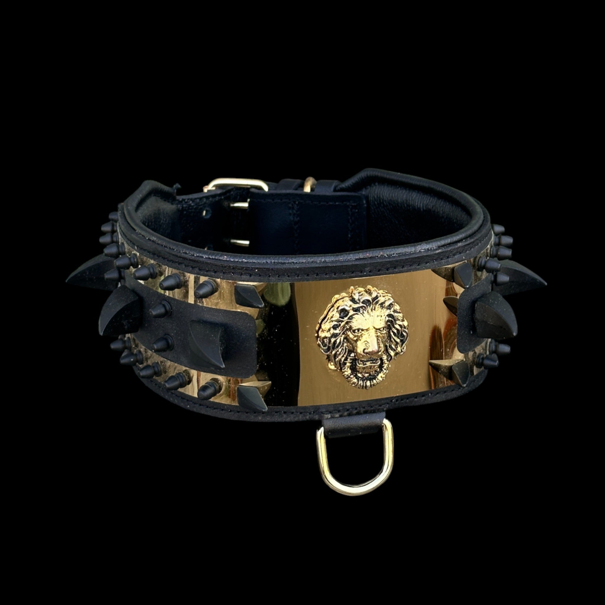 Luxury buffalo leather collar with gold plate and black spikes