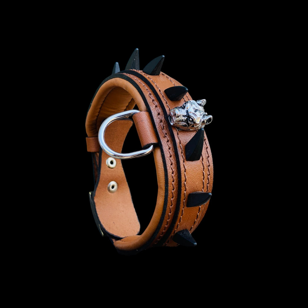 Front view of handmade 4 cm (1.57 inch) brown leather dog collar with Bully logo, black spikes and steel D-ring