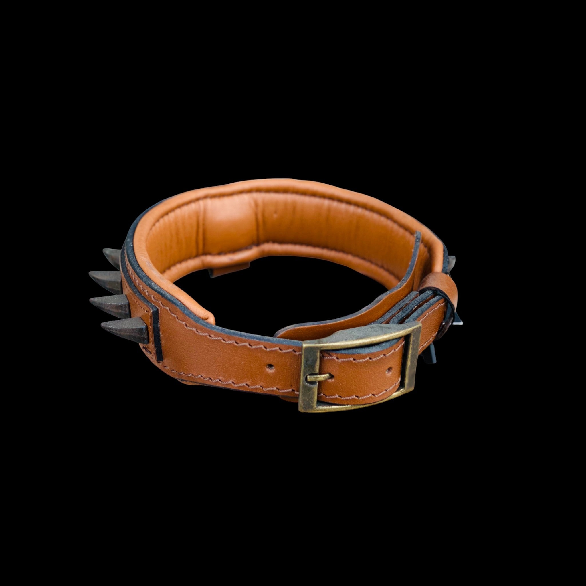 Side view of 4 cm wide brown leather dog collar featuring Bully head emblem, ivory-colored spikes and heavy duty steel D-ring for strong breeds