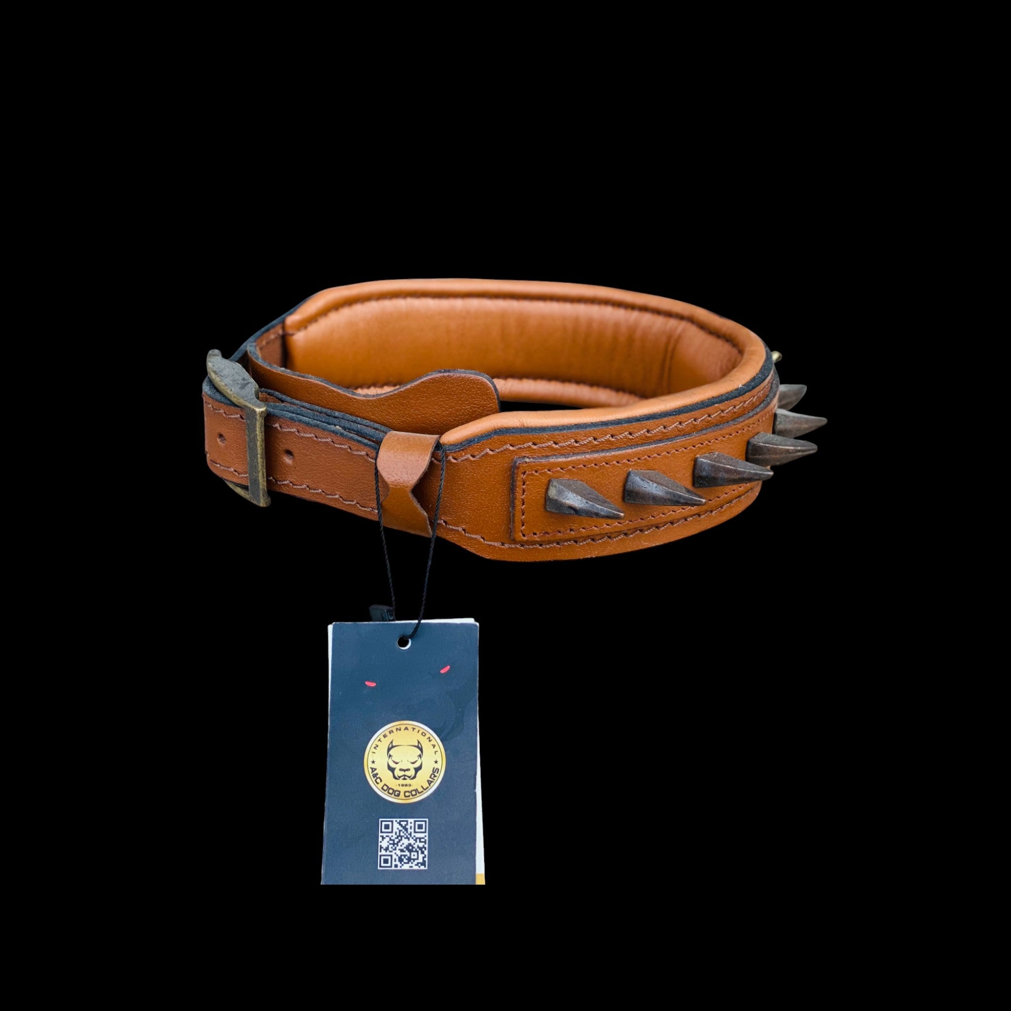 Angled photo of 4 cm wide Bully head dog collar with ivory spikes and strong steel D-ring – durable handmade leather design for large breeds