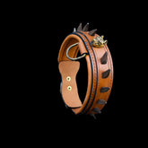 Handmade 1.57 inch (4 cm) wide brown leather dog collar with Bully head logo, ivory spikes and steel D-ring – front view