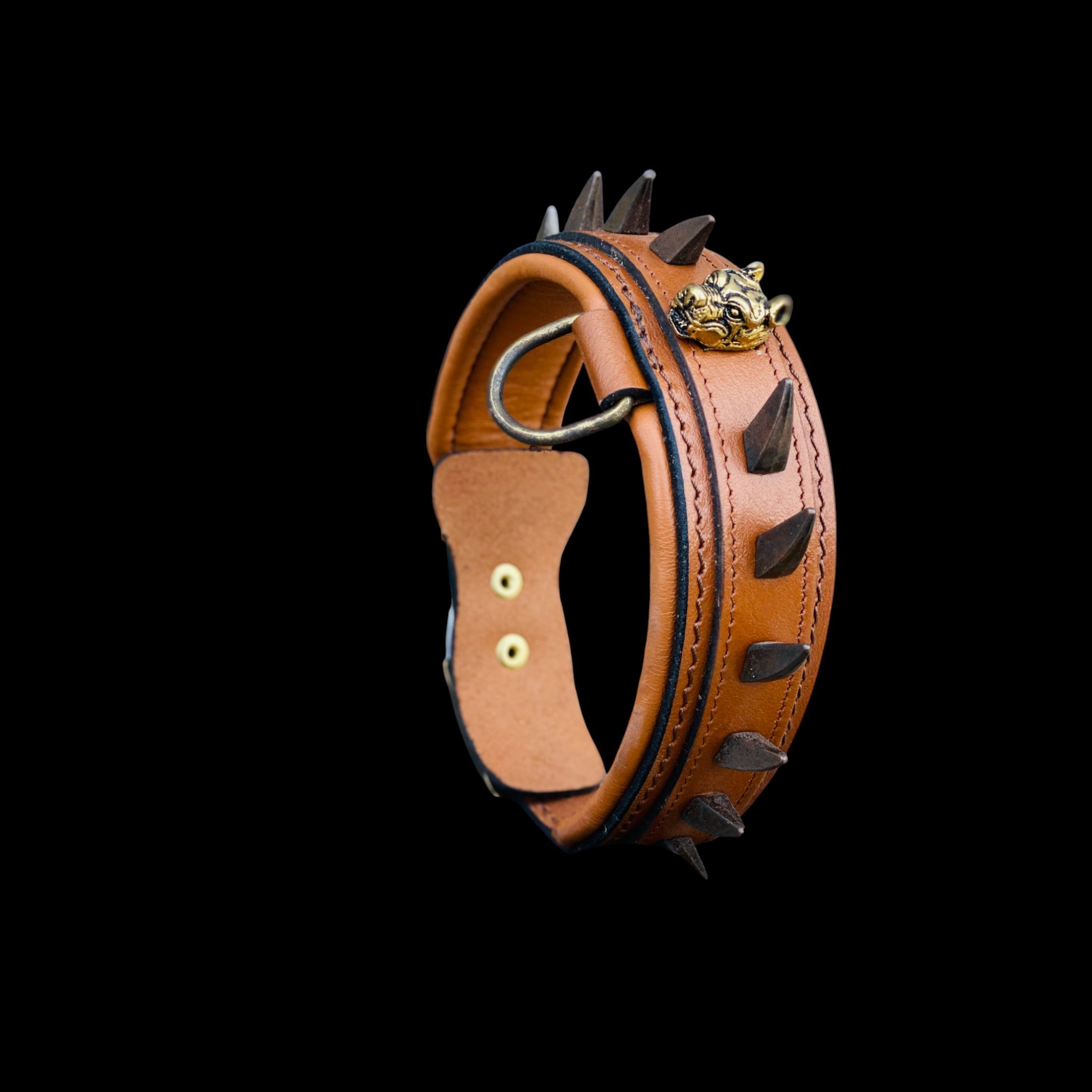 Handmade 1.57 inch (4 cm) wide brown leather dog collar with Bully head logo, ivory spikes and steel D-ring – front view