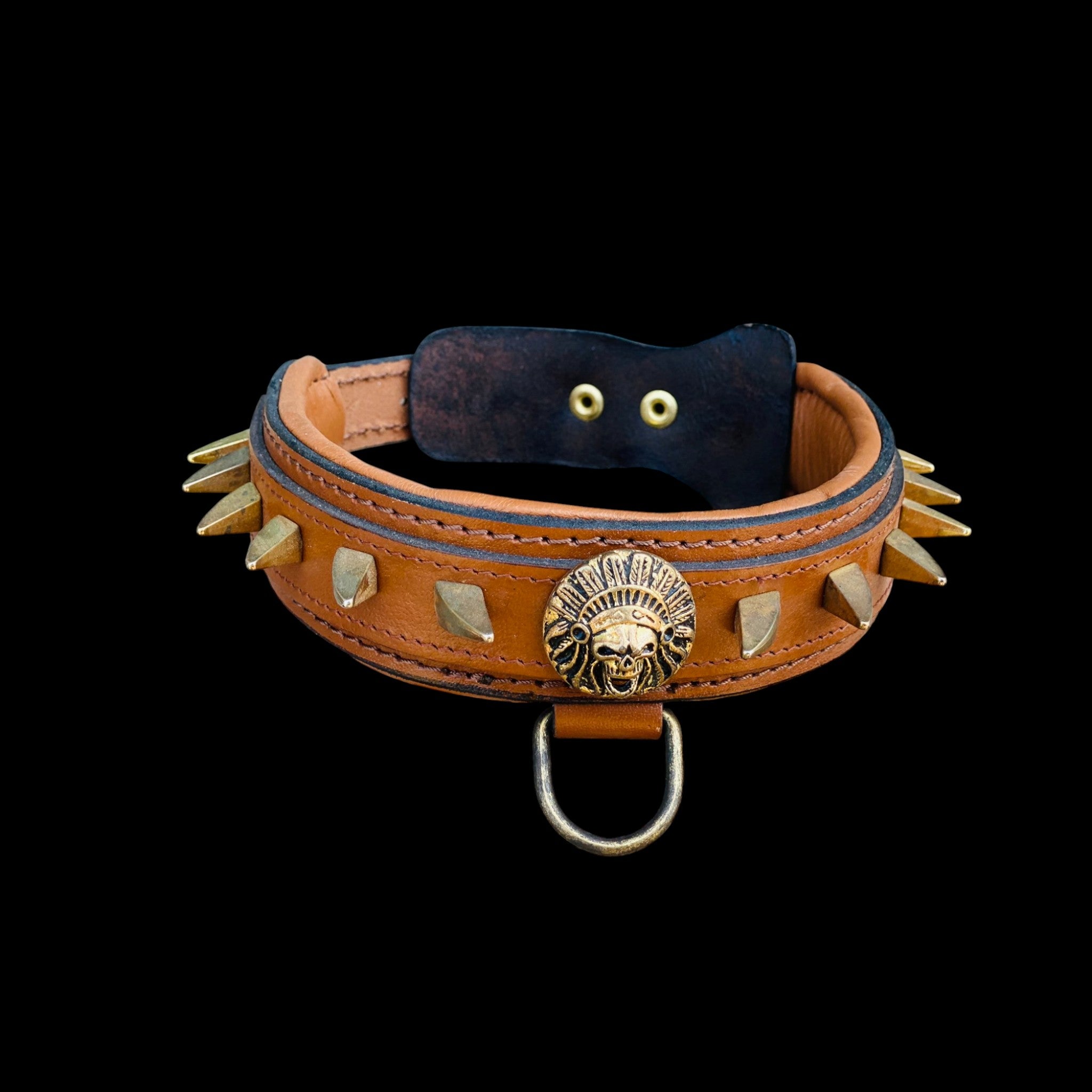 Angled shot of handmade brown leather collar with gold ivory spikes for large strong breeds
