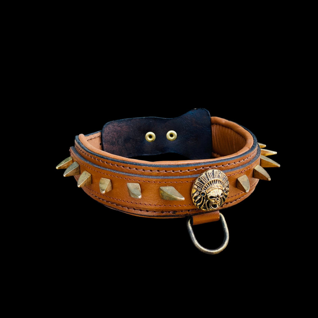 Handmade 4 cm (1.57 inch) wide brown leather dog collar with Native American logo and gold ivory spikes.