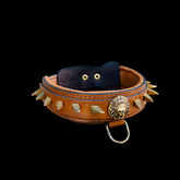 Handmade 4 cm (1.57 inch) wide brown leather dog collar with Native American logo and gold ivory spikes.