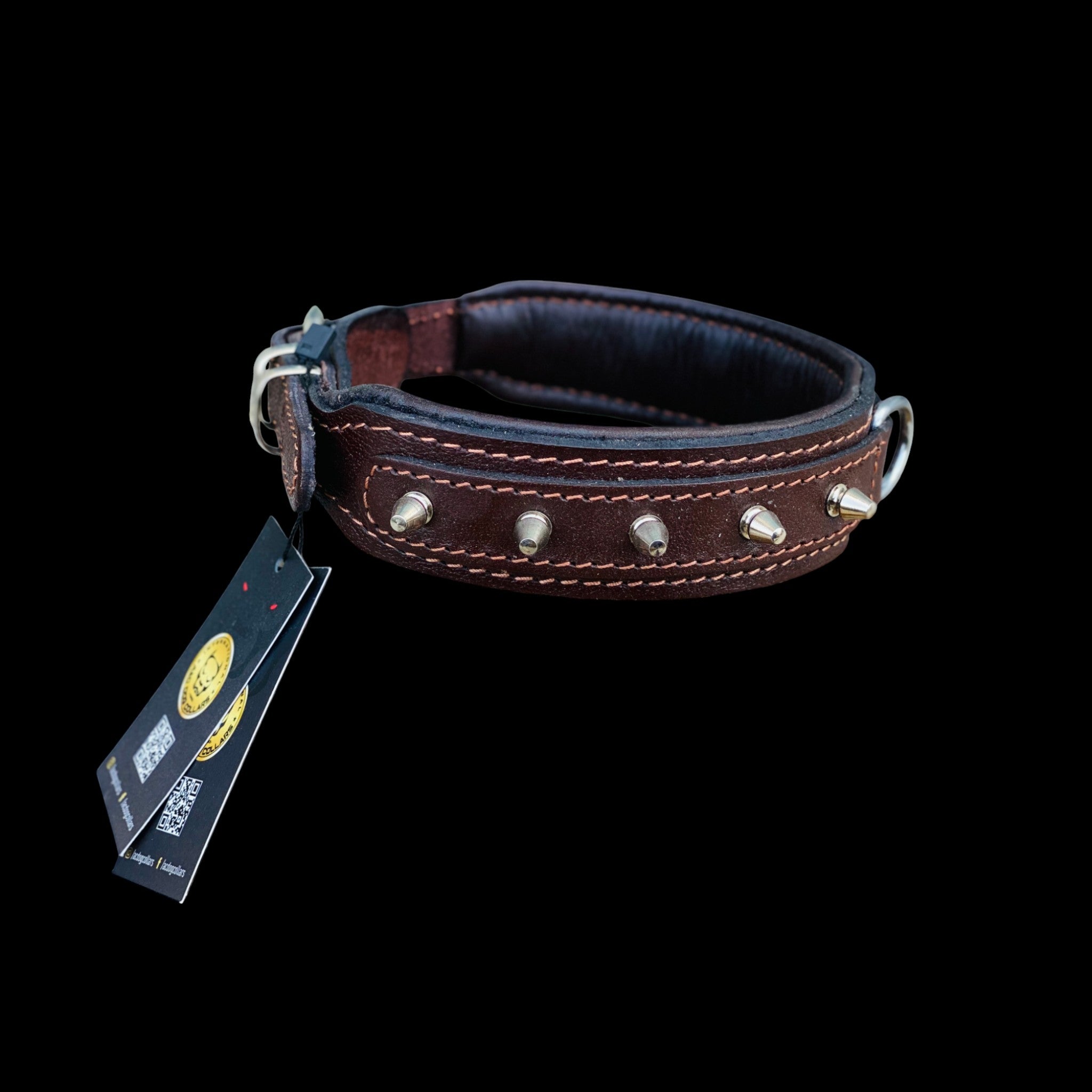 Side view of wide 4 cm spiked brown leather dog collar featuring reinforced stitching, steel studs and heavy duty D-ring