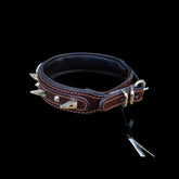 Back view of handmade brown leather spiked dog collar, 1.57 inch wide with steel buckle and durable construction for Cane Corso and Rottweiler