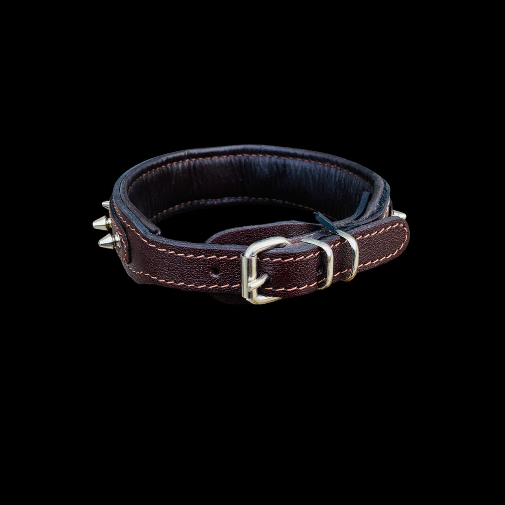 Back view of handmade 4 cm brown leather dog collar with buckle, spiked design and secure construction for Cane Corso and Rottweiler