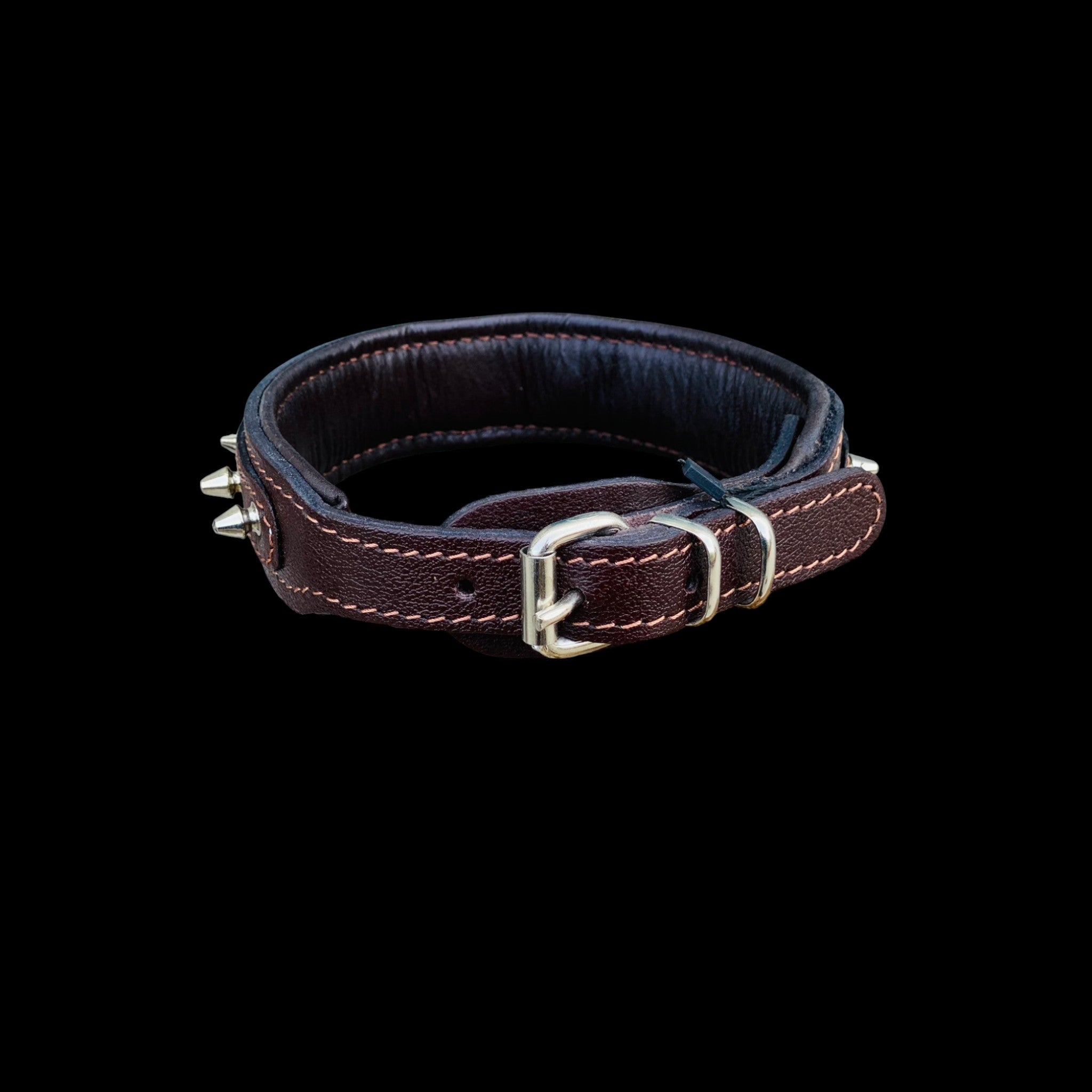 Back view of handmade 4 cm brown leather dog collar with buckle, spiked design and secure construction for Cane Corso and Rottweiler