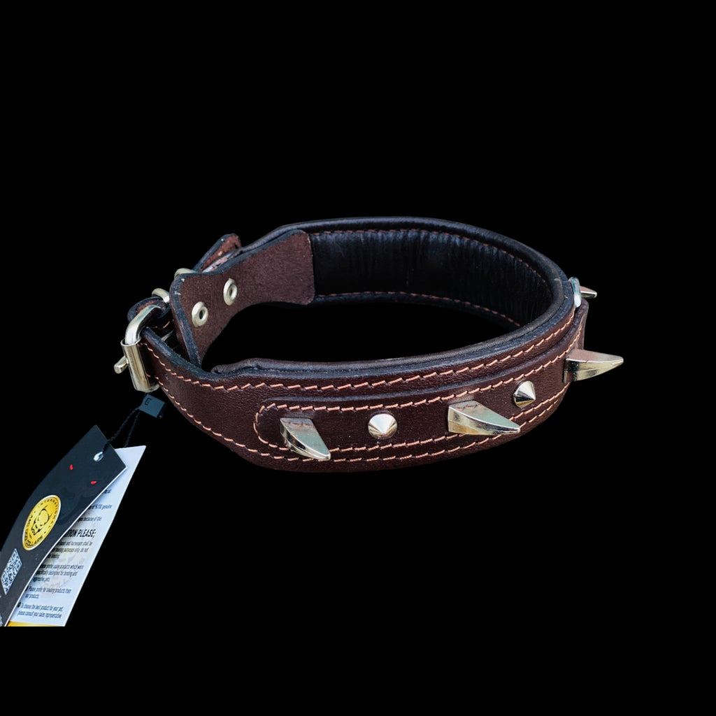 Angled photo of 4 cm wide brown leather dog collar with strong metal spikes and secure steel D-ring for large powerful breeds