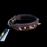 Angled photo of 4 cm wide brown leather dog collar with strong metal spikes and secure steel D-ring for large powerful breeds
