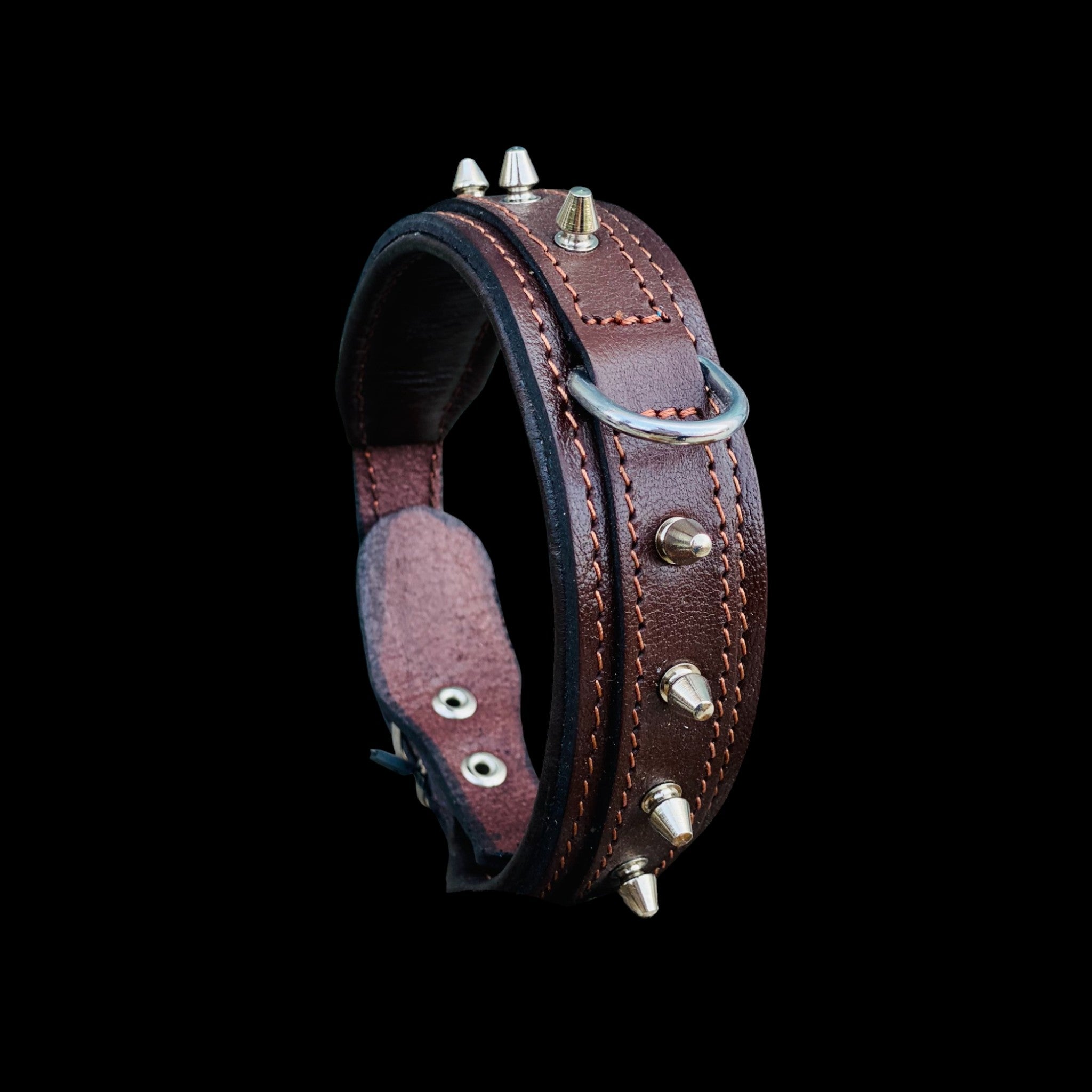 Handmade 4 cm (1.57 inch) brown leather dog collar with steel spikes and strong D-ring – front view for large powerful breeds