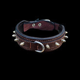 Angled photo of 1.57 inch wide brown leather spiked dog collar with steel D-ring – durable handmade design for large guard breeds