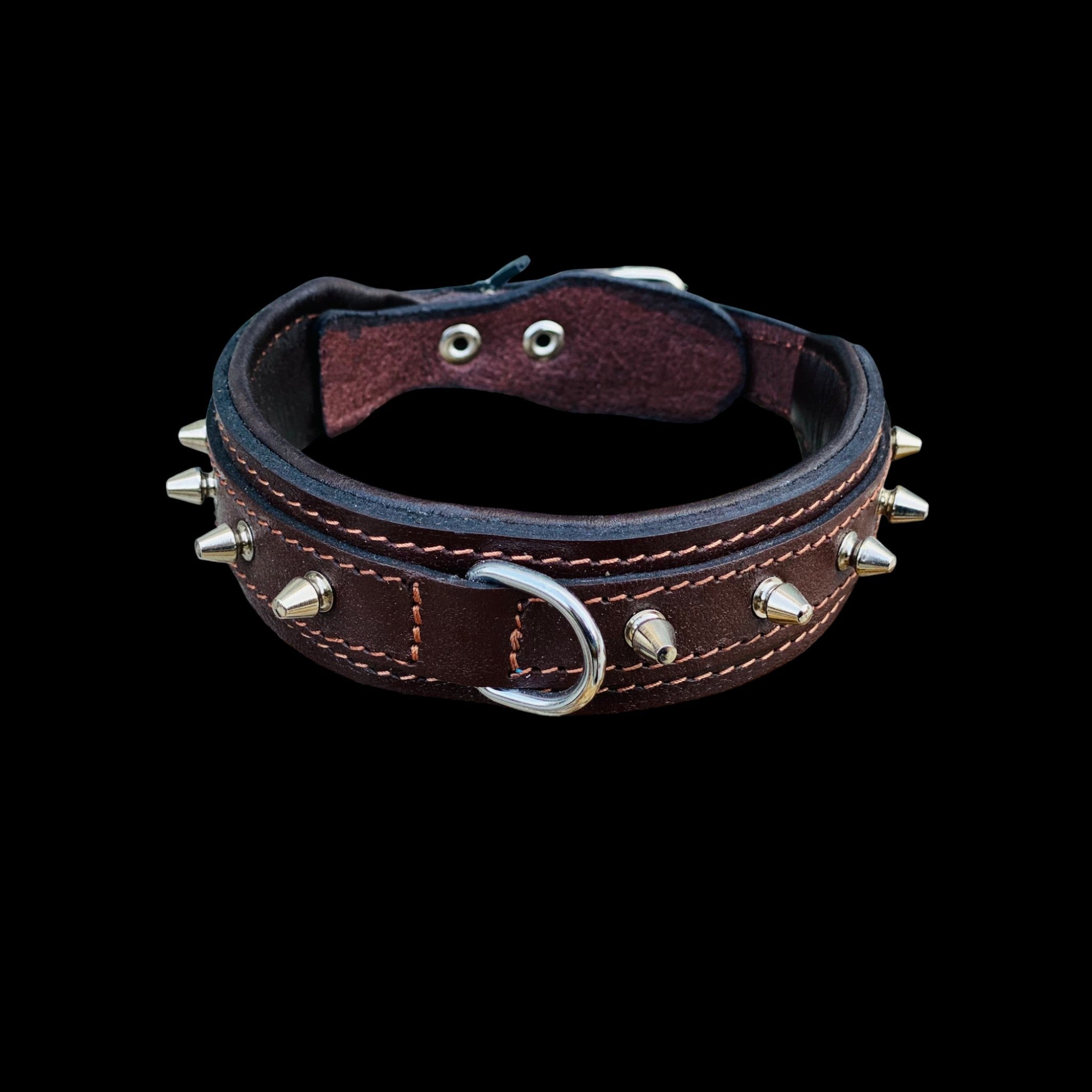 Angled photo of 1.57 inch wide brown leather spiked dog collar with steel D-ring – durable handmade design for large guard breeds