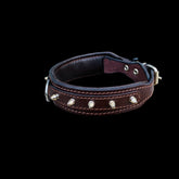 Close-up detail of brown leather spiked dog collar showing strong stitching, steel spikes and premium handmade craftsmanship