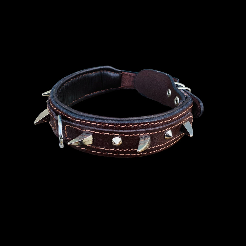 Handmade 1.57 inch (4 cm) brown leather spiked dog collar with strong steel D-ring, designed for Cane Corso, Kangal, Doberman, Malinois and large breed