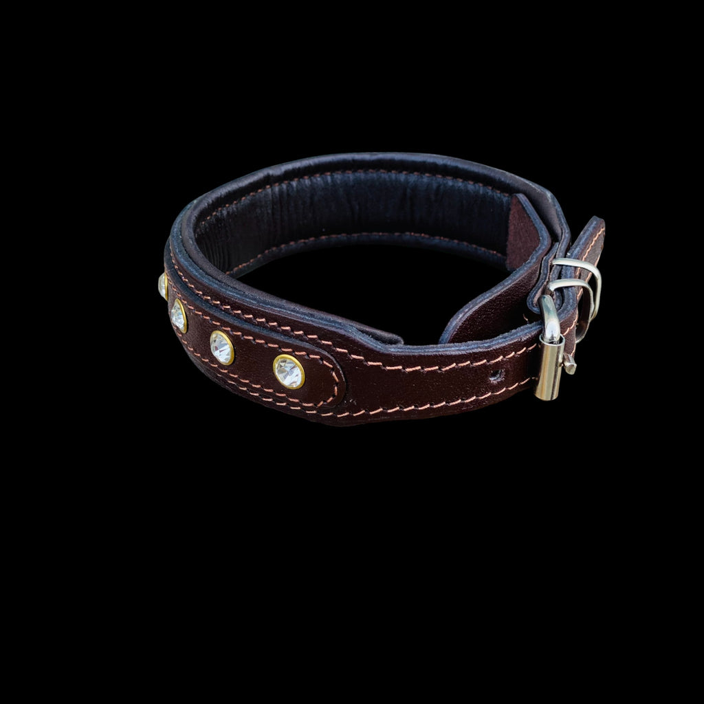 Back view of handmade brown dog collar decorated with crystal stones and secure buckle design.