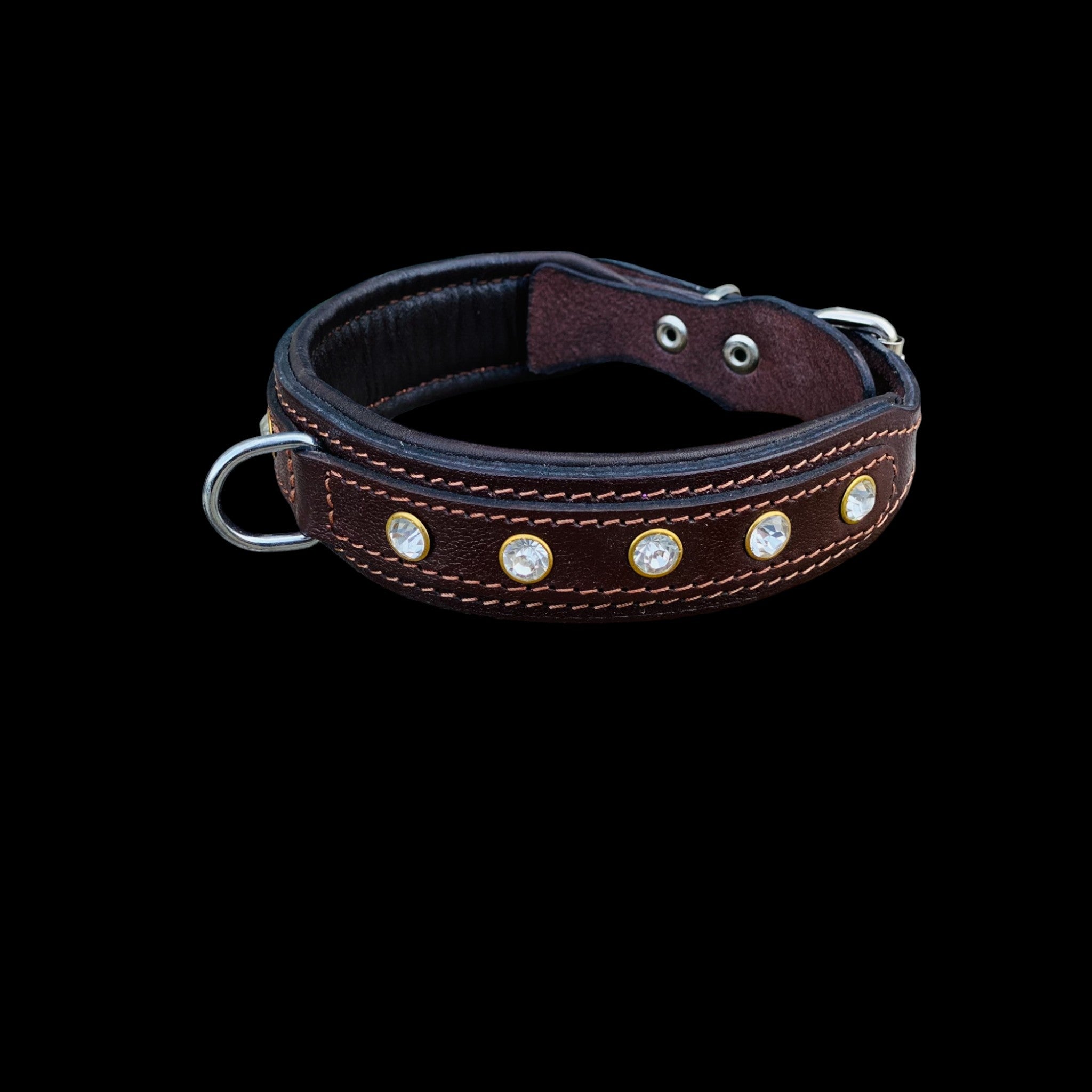 Close-up of crystal dog collar showing handmade leather and detailed stitching with steel D-ring.