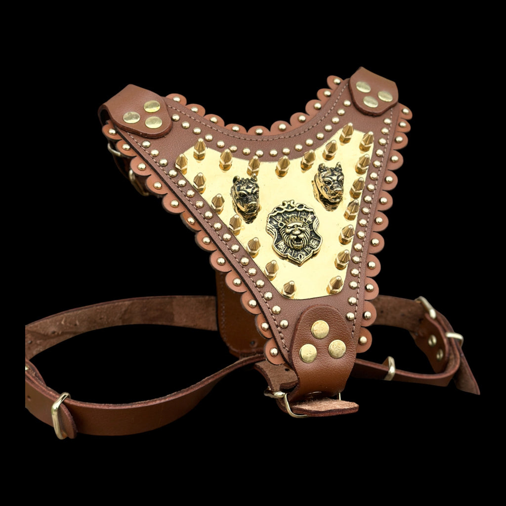 Luxury Handmade Brown Leather Dog Chest Harness with Gold Steel Plate, Bully Head & Lion Logo – Perfect for Cane Corso, Rottweiler, Kangal, Doberman, Bully, Malinois & Large Breeds