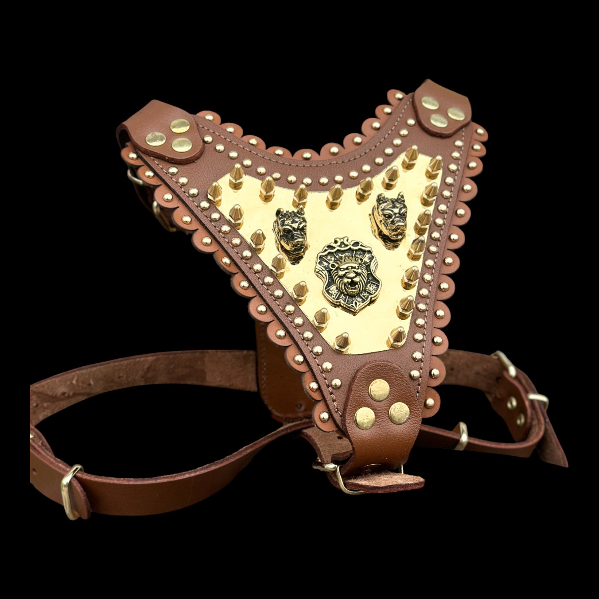 Luxury Handmade Brown Leather Dog Chest Harness with Gold Steel Plate, Bully Head & Lion Logo – Perfect for Cane Corso, Rottweiler, Kangal, Doberman, Bully, Malinois & Large Breeds