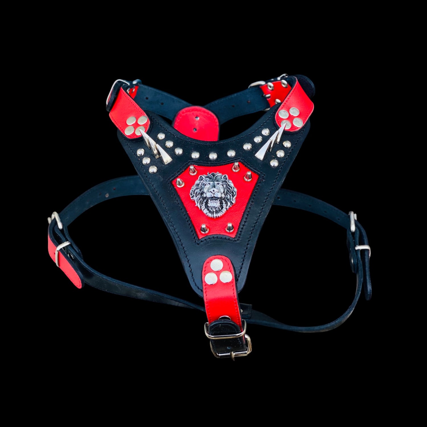 Handmade buffalo leather dog harness with lion emblem. Strong, stylish, and built for powerful breeds like Bully, Cane Corso, Rottweiler & K9 - A&C Dog Collars