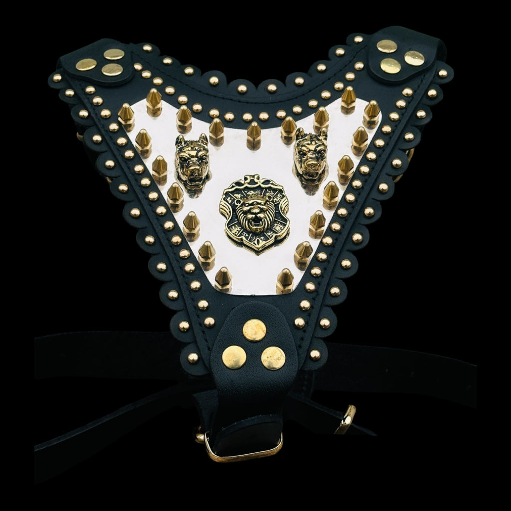 Luxury Handmade Dog Harness with Bully Head & Lion Logo – Black Leather, Gold Spikes, Heavy Duty for Large Breeds