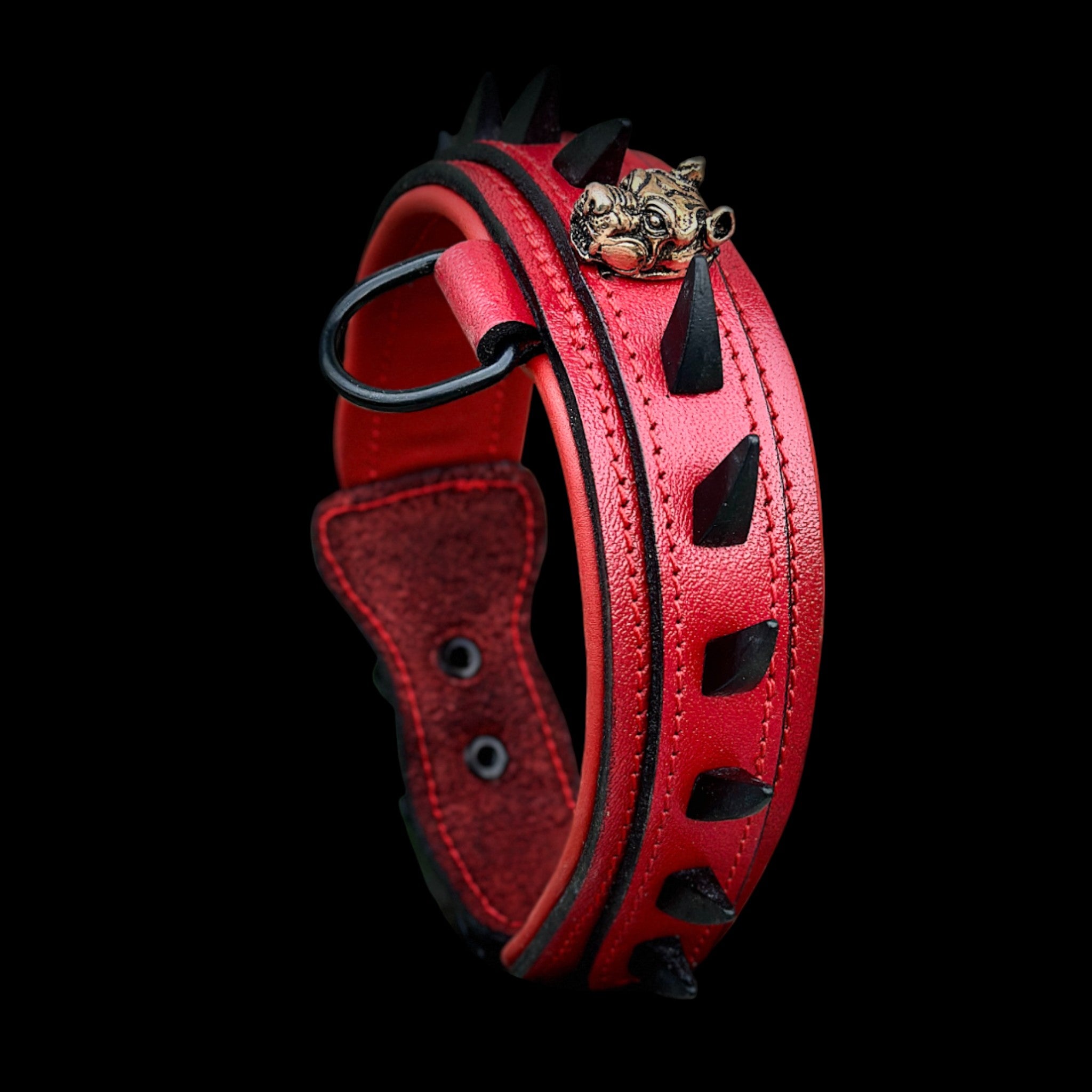Handcrafted Red Leather Dog Collar – Bully Head Design, Spiked 4cm Wide Strong Collar for Cane Corso, Rottweiler, Doberman, Kangal, American Bully