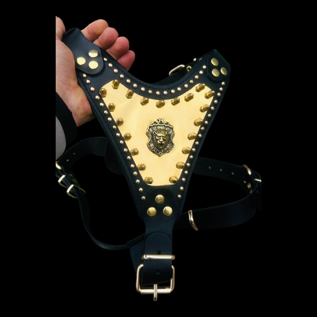 Handmade Luxury Dog Chest Harness with Gold Lion Logo – For Large Breeds