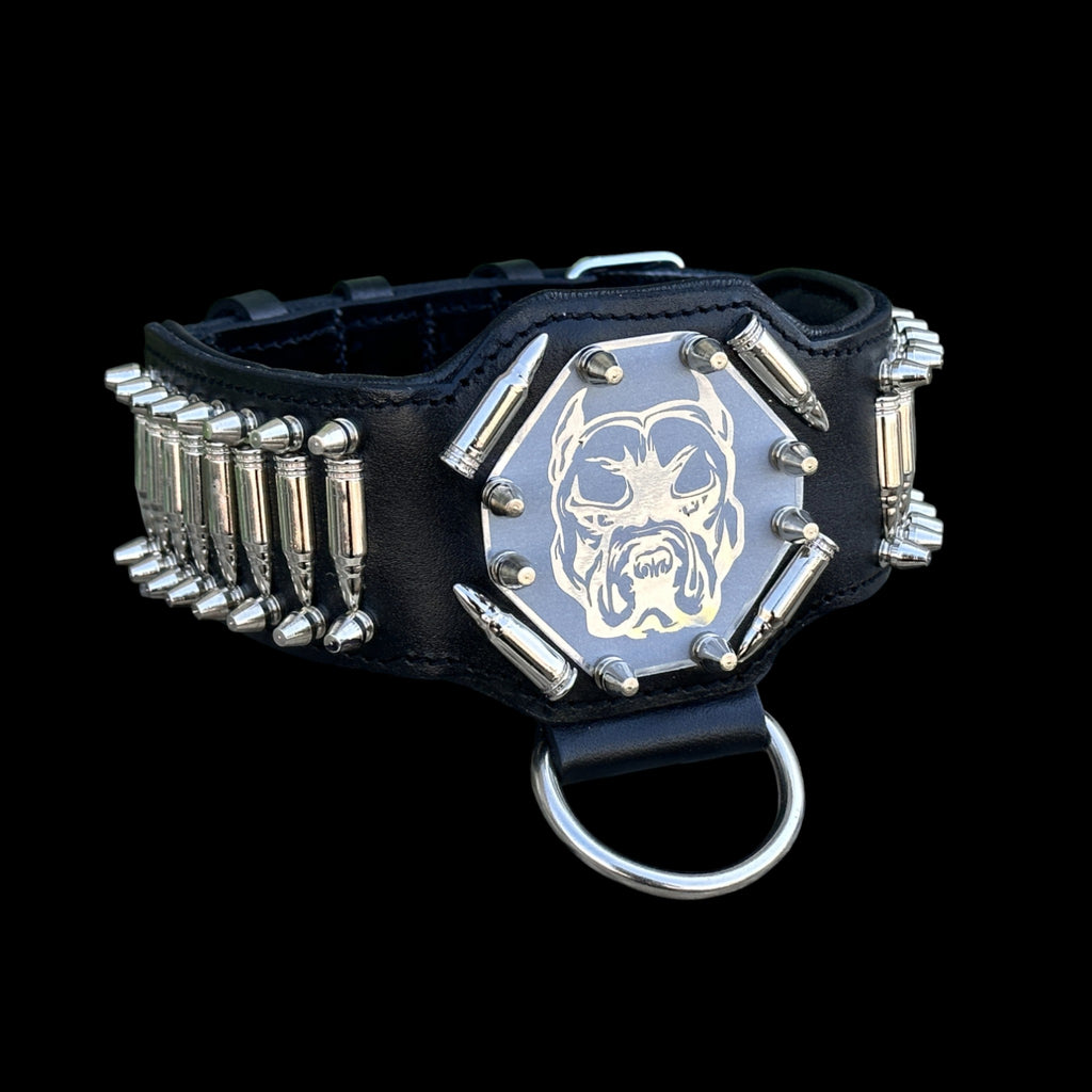 BulletBully™ Alpha Armor – Black Buffalo Leather Dog Collar with Bullet Studs & Bully Emblem