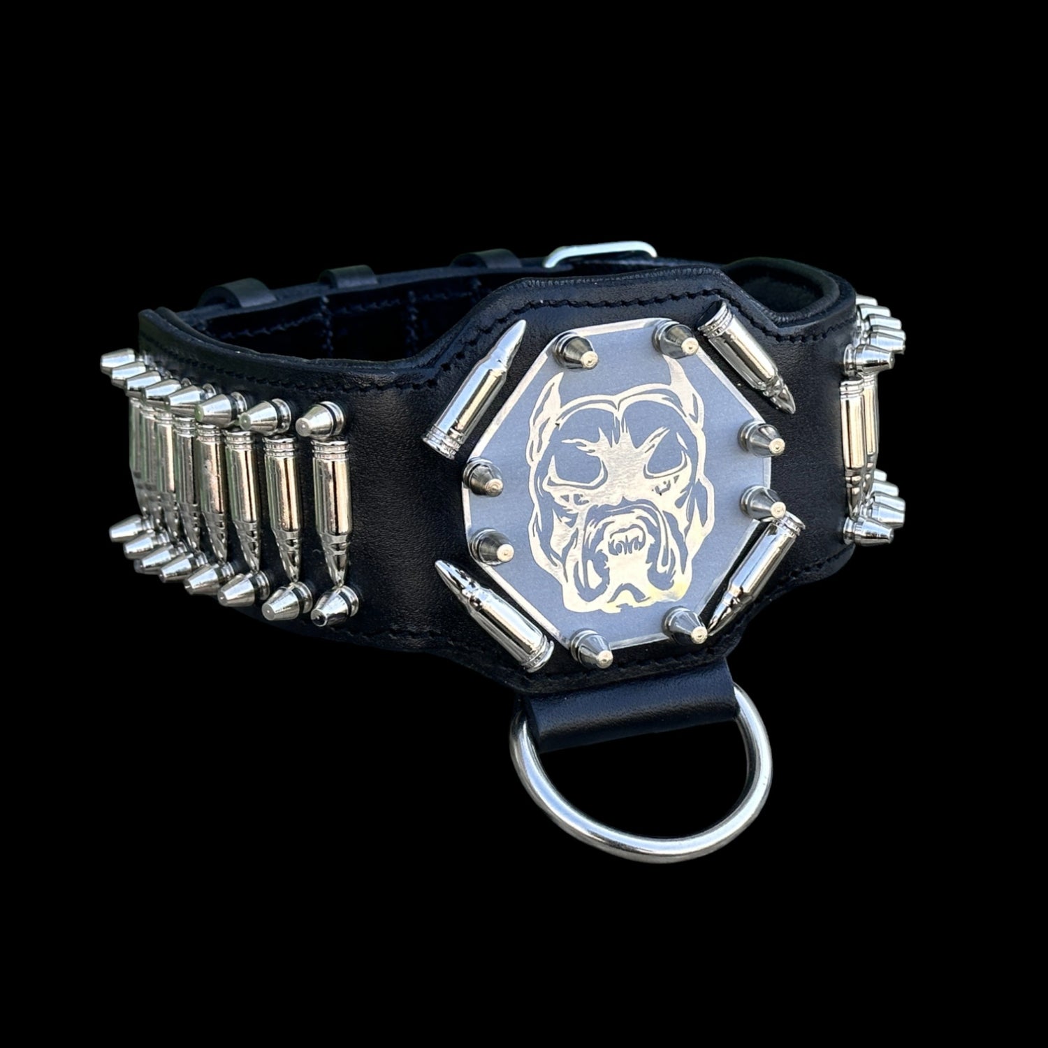 BulletBully™ Alpha Armor – Black Buffalo Leather Dog Collar with Bullet Studs & Bully Emblem - A&C Dog Collars