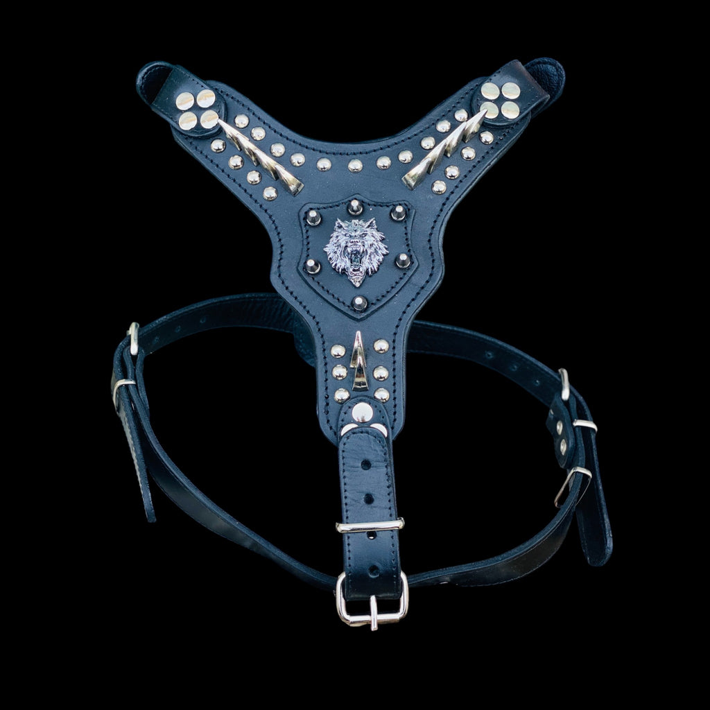 Handmade leather dog chest harness with wolf logo and silver spikes