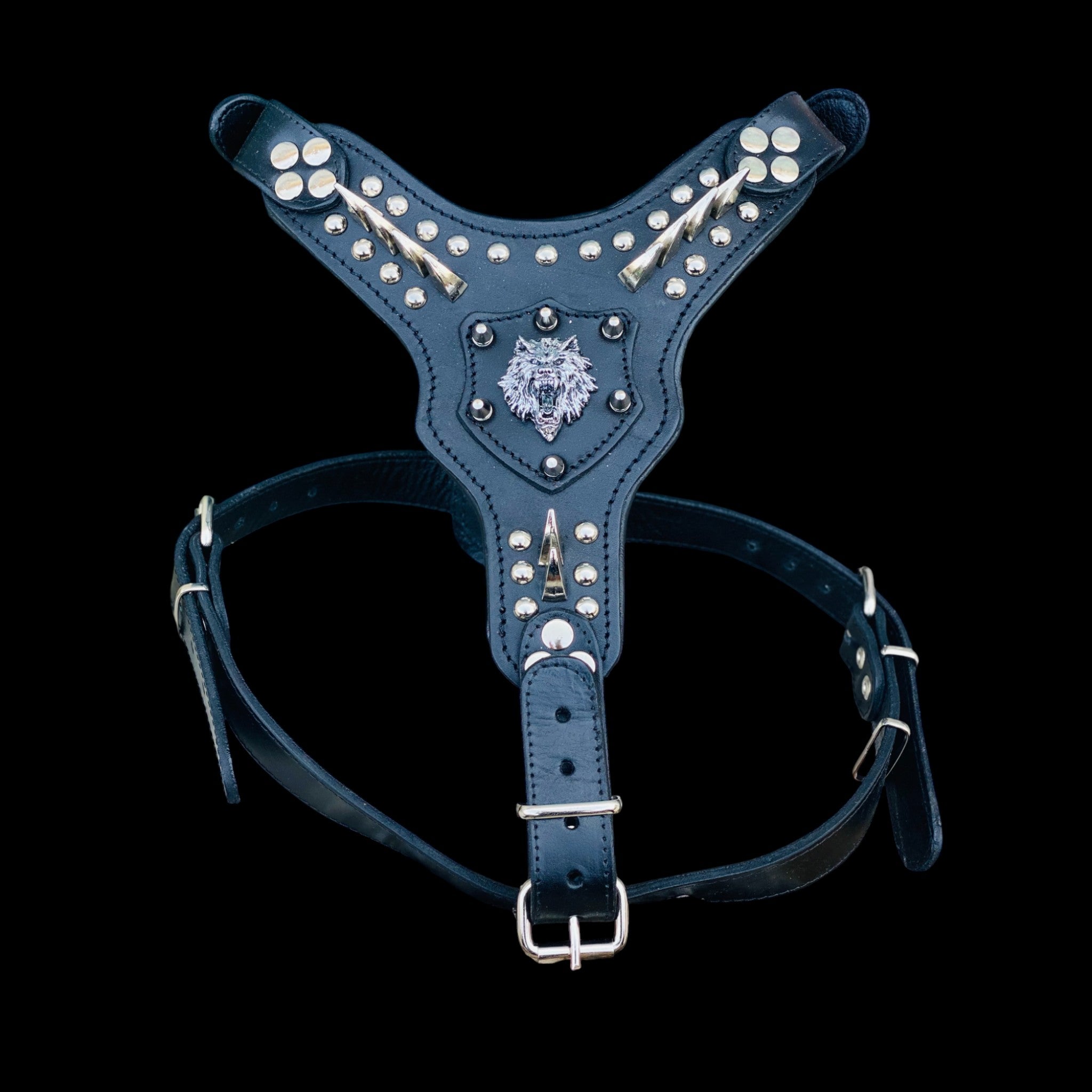 Handmade leather dog chest harness with wolf logo and silver spikes