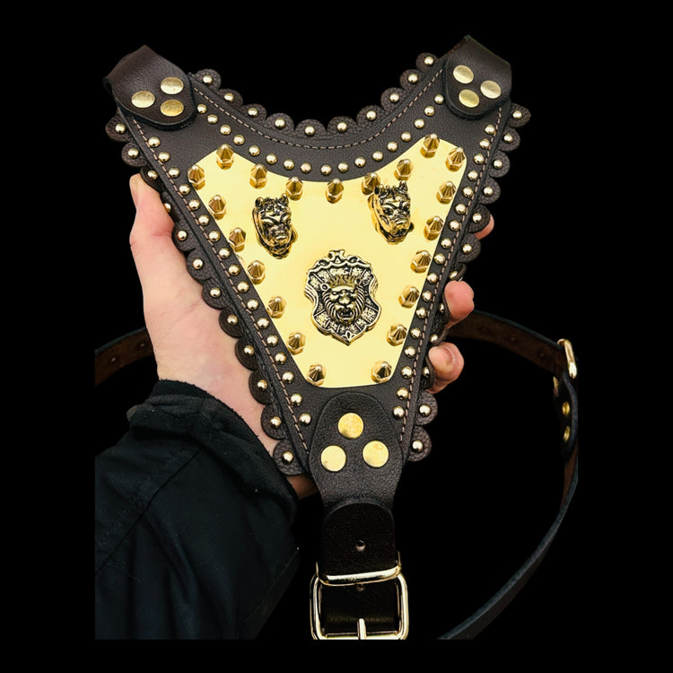 Handmade dog chest harness with gold steel plate and lion logo