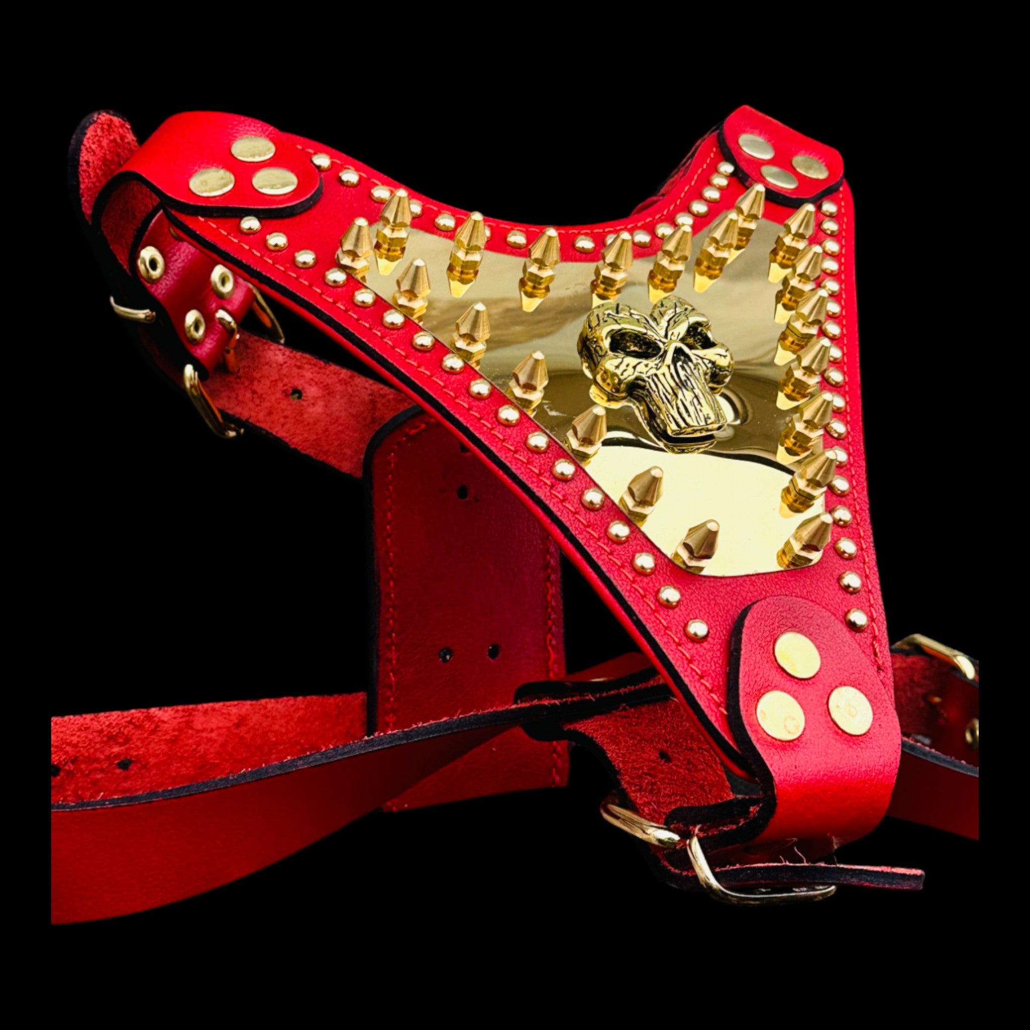 Handmade Red Leather Dog Harness with Punisher Logo
