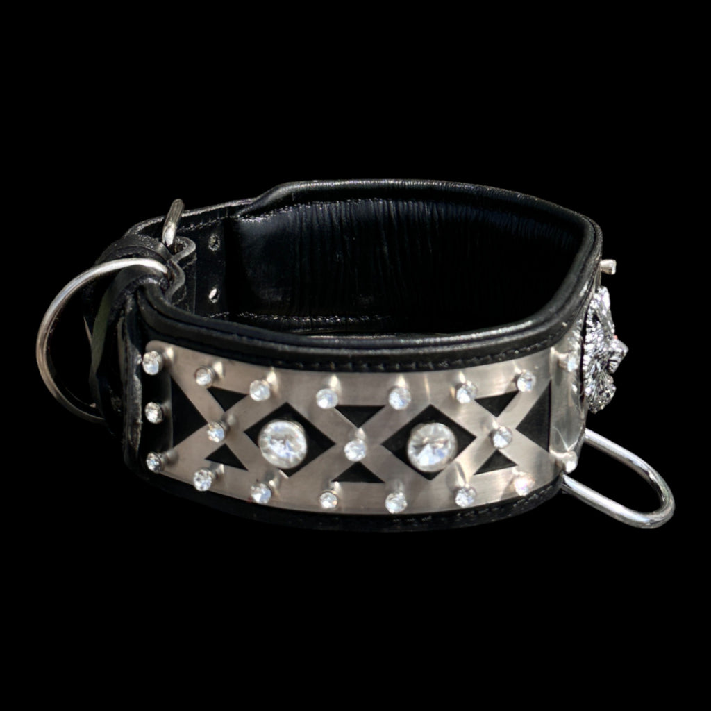 Handmade black leather dog collar with stainless-steel plate and crystals