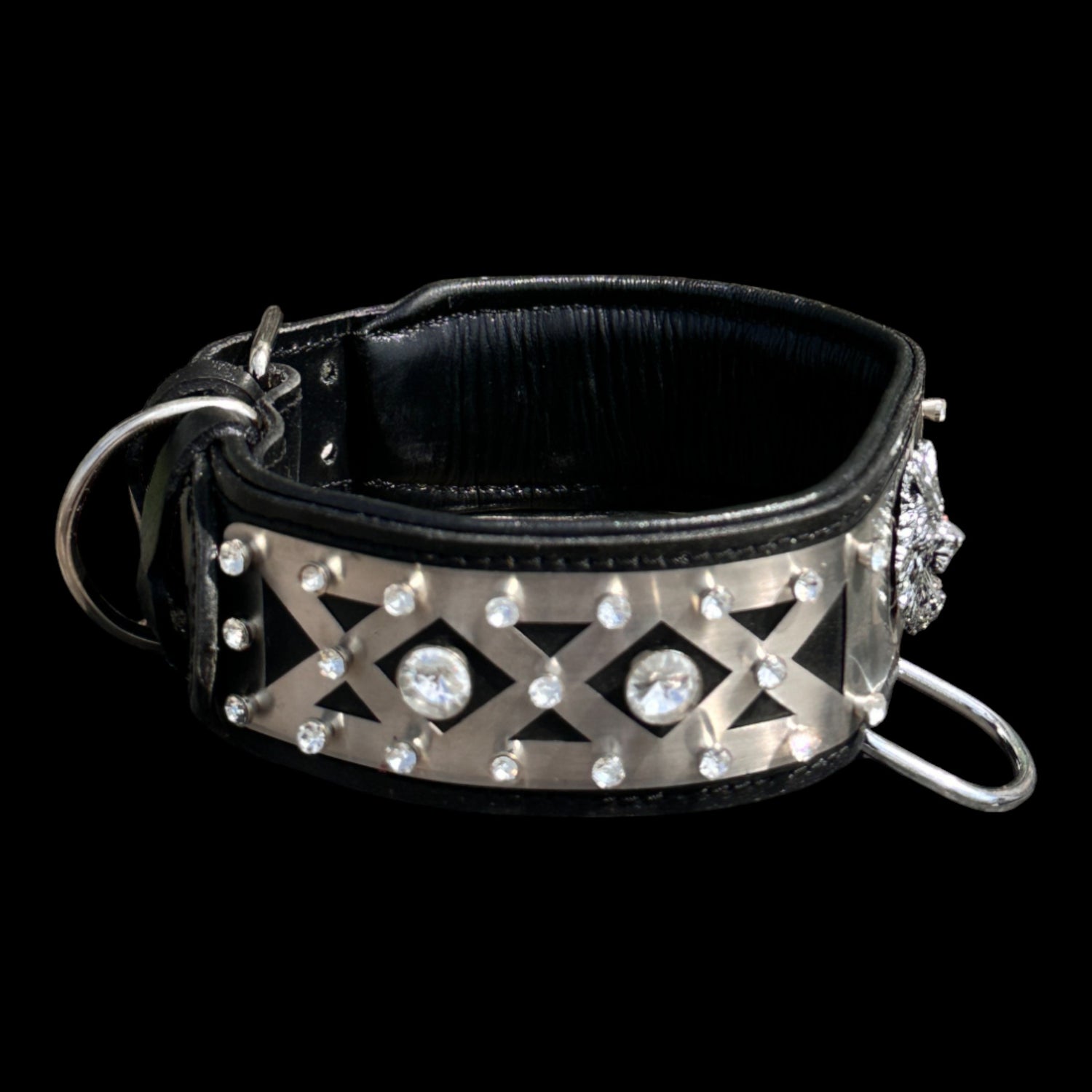 Handmade black leather dog collar with stainless-steel plate and crystals