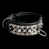 Handmade black leather dog collar with stainless-steel plate and crystals