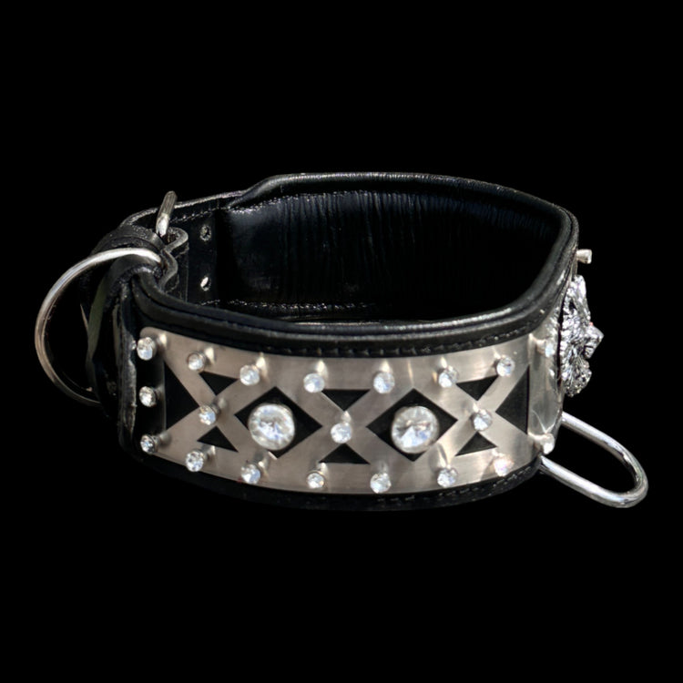 Handmade black leather dog collar with stainless-steel plate and crystals