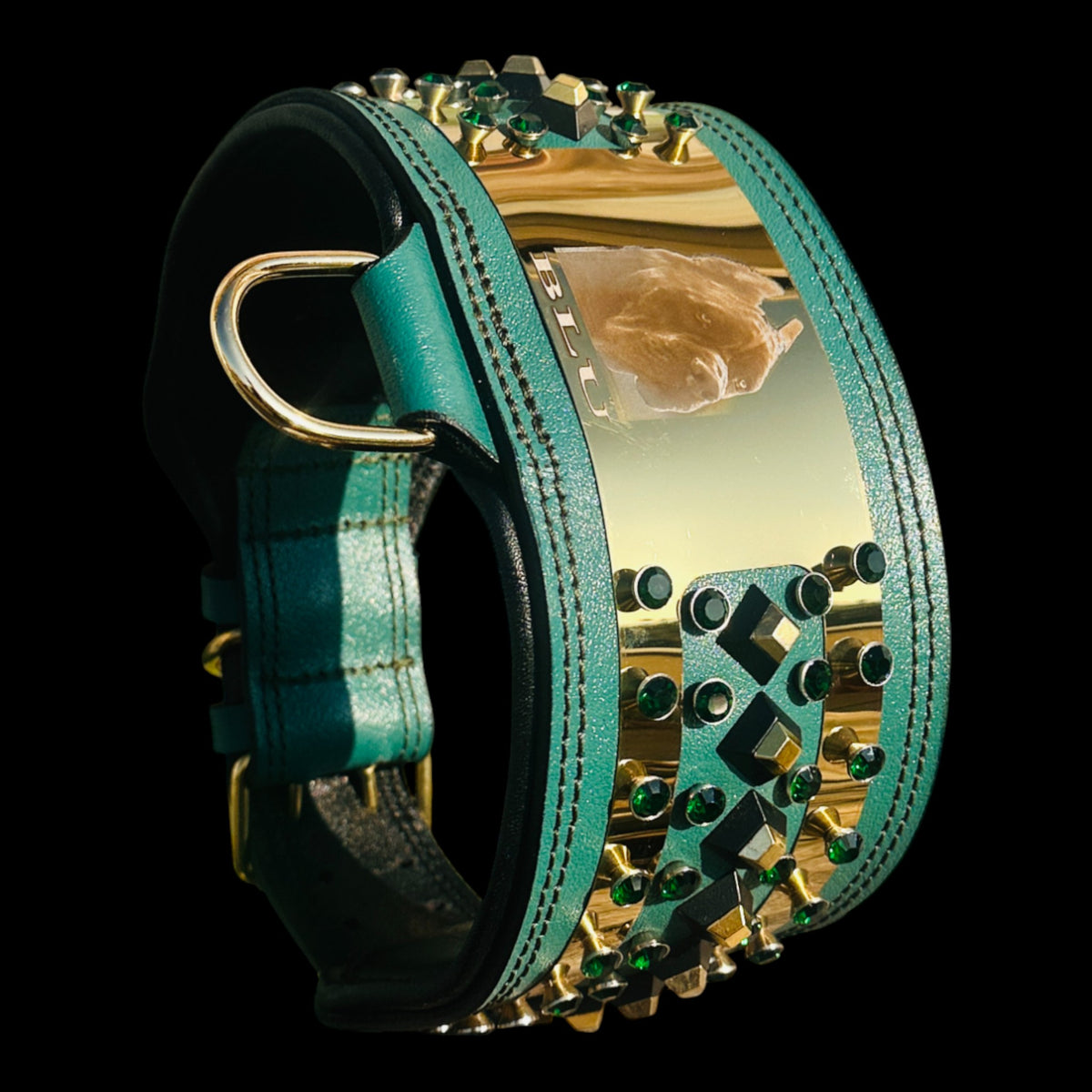 Emerald green dog collar with custom laser engraving