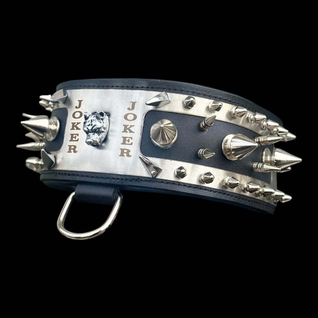 Handmade black leather dog collar with spikes