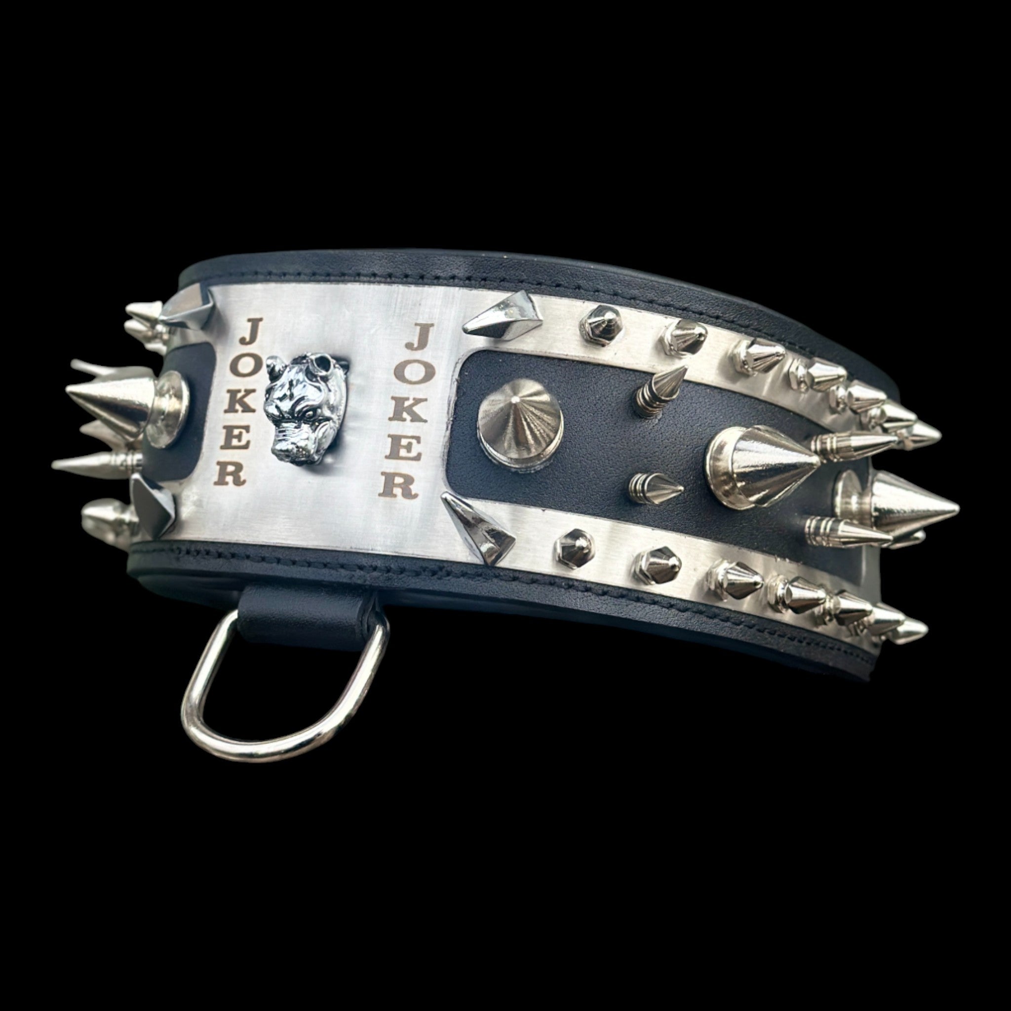 Handmade black leather dog collar with spikes