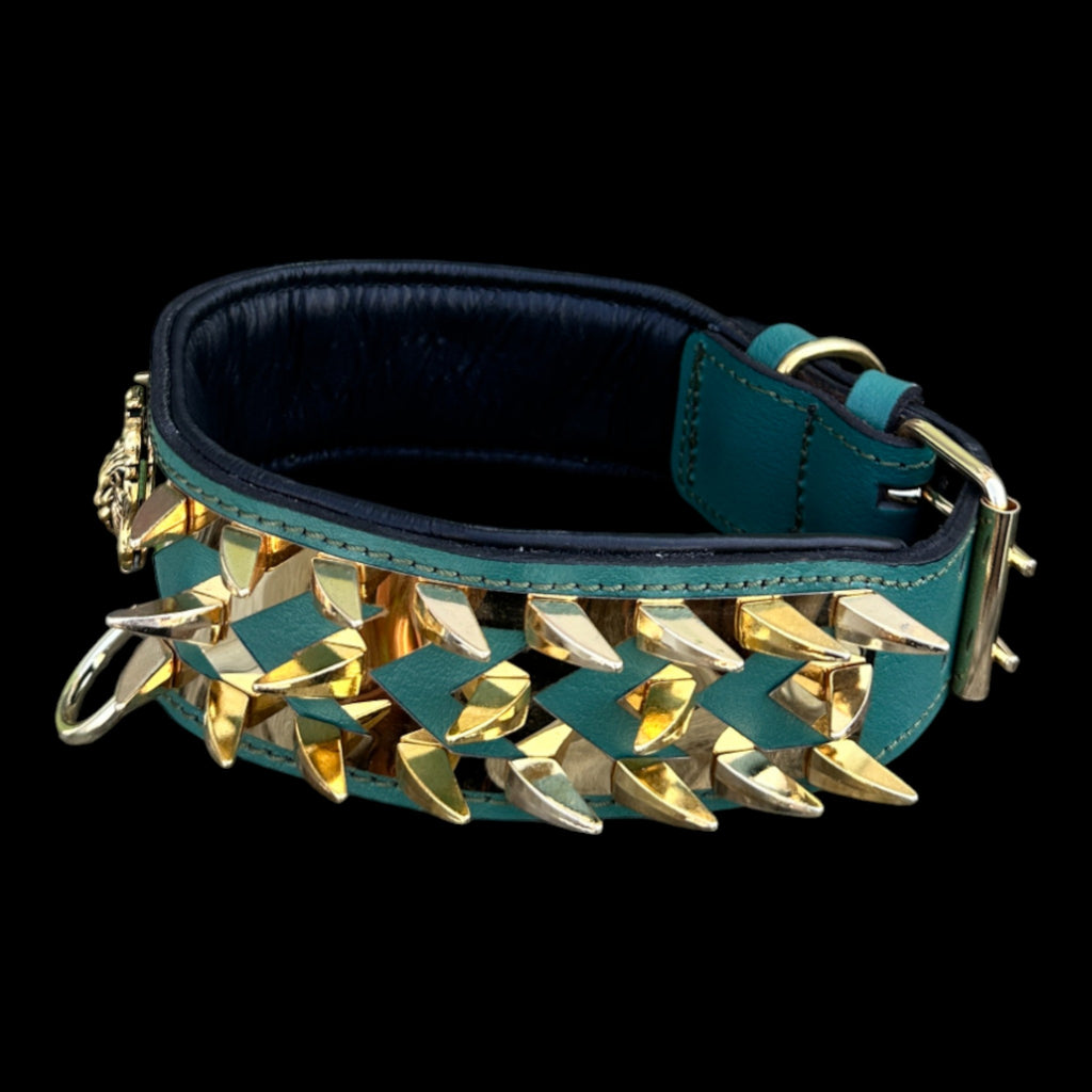 EMERALD ROAR handmade green leather and gold stainless collar