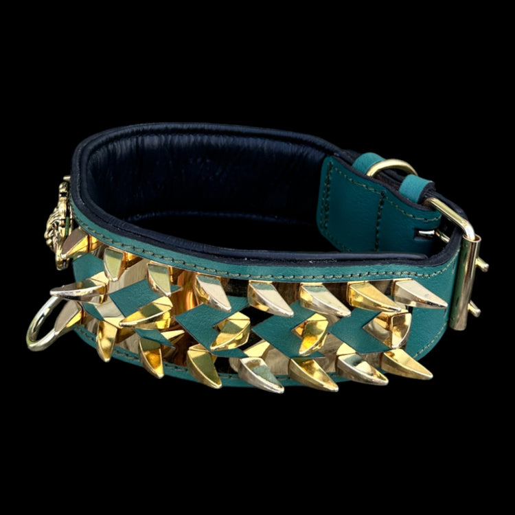 EMERALD ROAR handmade green leather and gold stainless collar