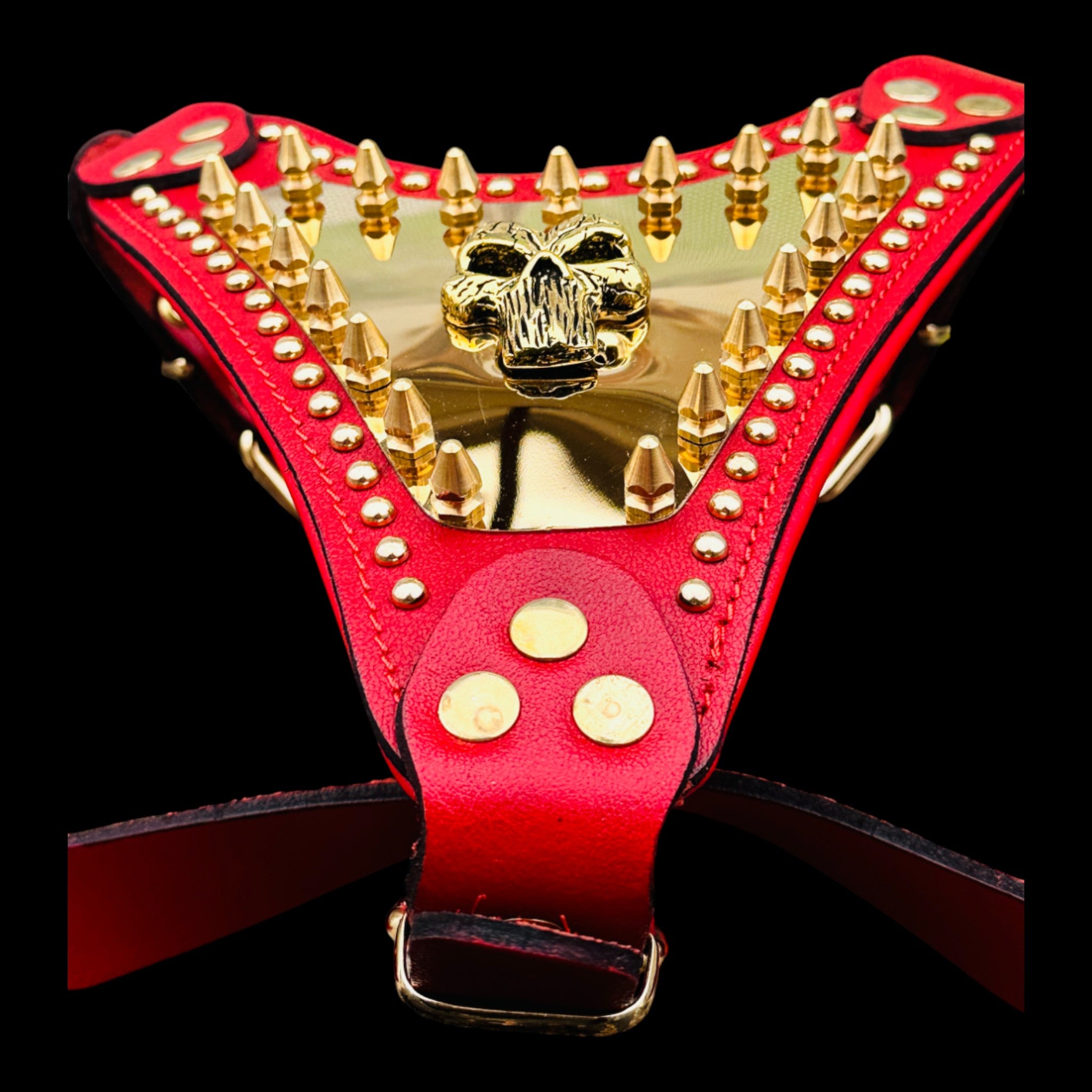Handmade Red Leather Dog Harness with Punisher Logo