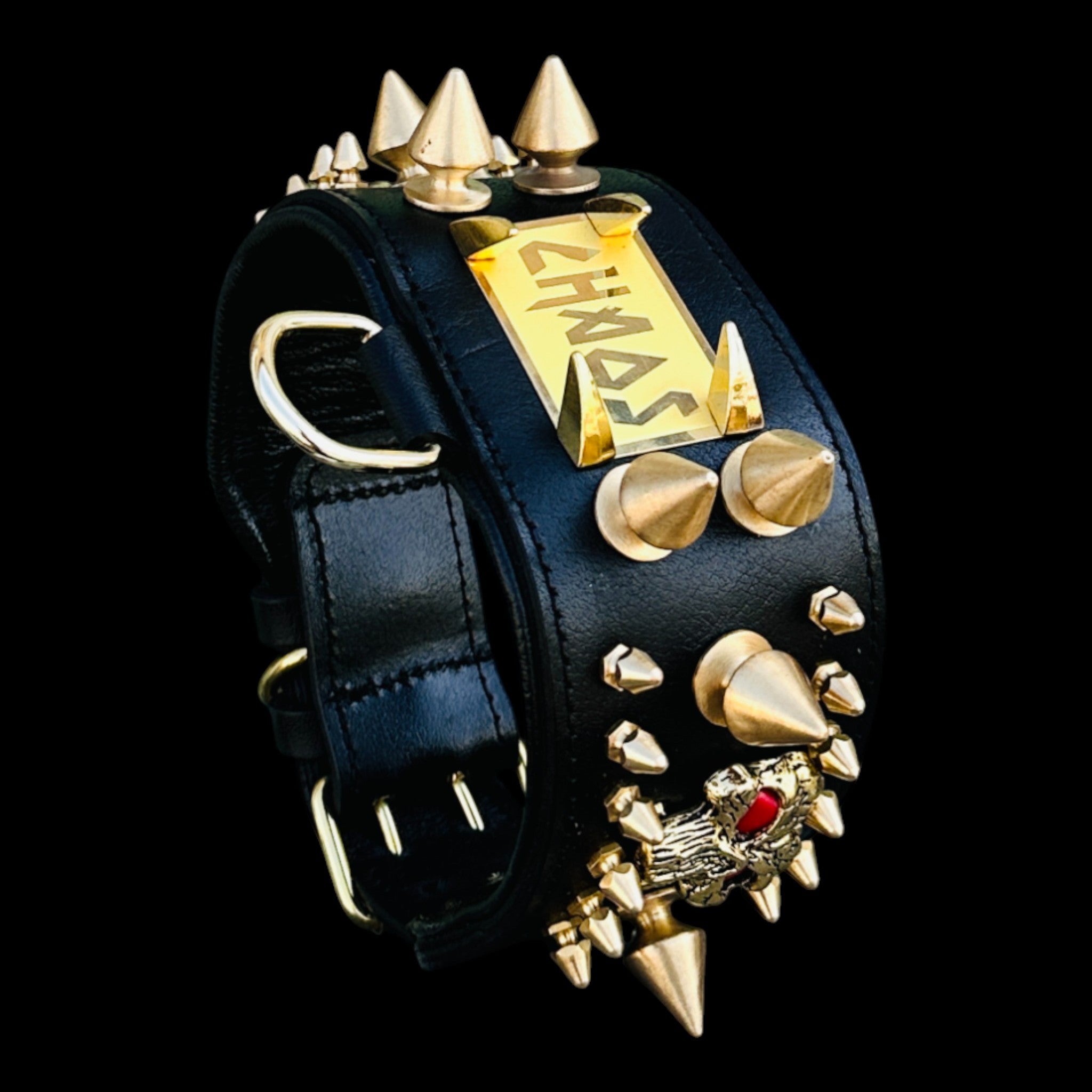 Handmade black leather dog collar with gold spikes and CHAOS nameplate